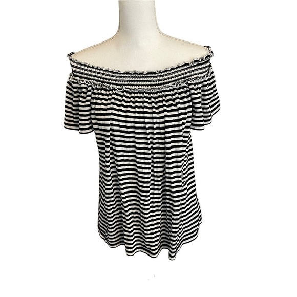 Max Studio MSSP Black and White Stripes Knit Elastic Top Off the Shoulder Top. M - Picture 1 of 10